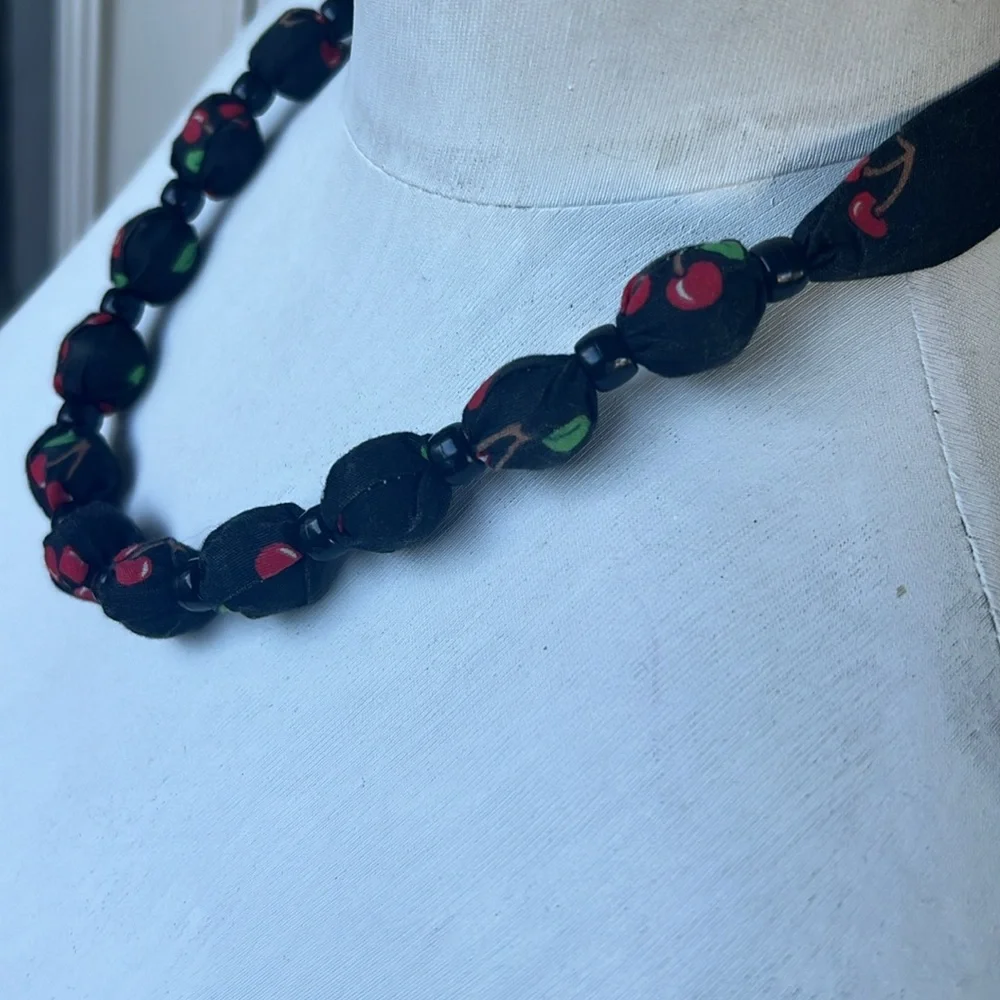 VTG Cherry Printed Fabric Covered Bead Necklace